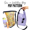 Promotional graphic for a Wet/Dry Roll UP Bag sewing PDF pattern, showing a yellow floral wet/dry bag on the left with a water bottle and sunscreen beside it, and a lavender constructed wet/dry bag on the right held by a hand with sunglasses in the front pocket. Large text at the top reads 'Sew a Wet/Dry Bag PDF PATTERN'.